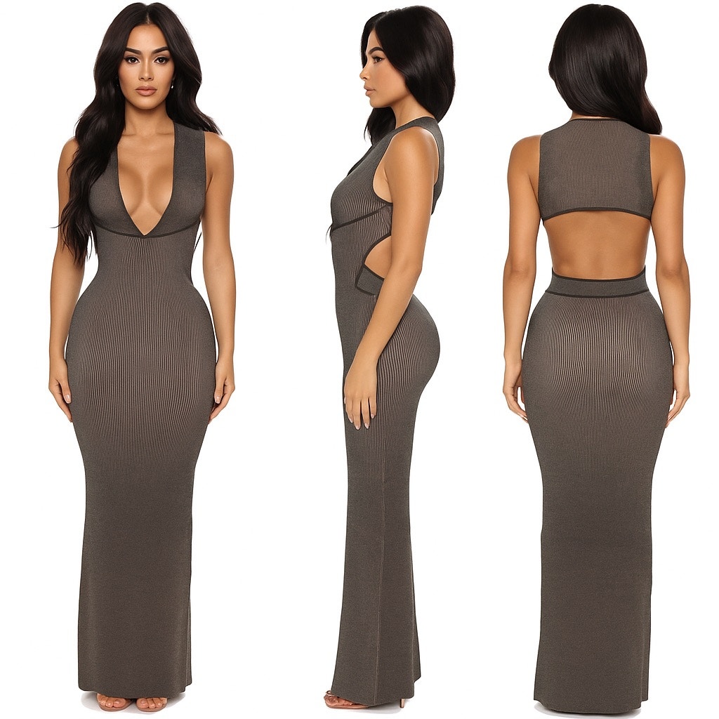 Ronny Kobo Black Quartz Lait Stretch Ribbed Knit Cut-Out Maxi Gown Dress Xs